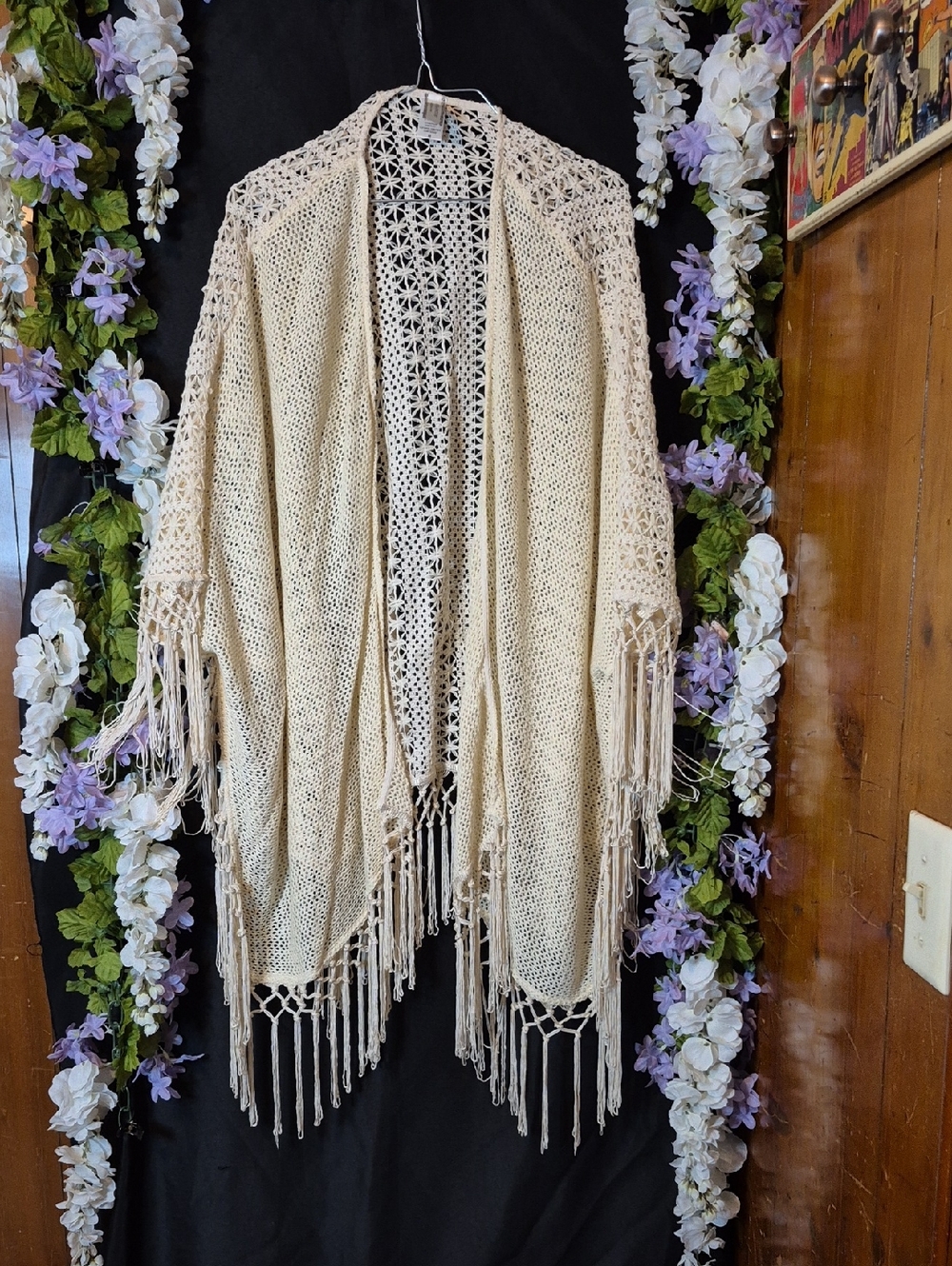 Cream Open-Knit Fringe Cardigan Sweater